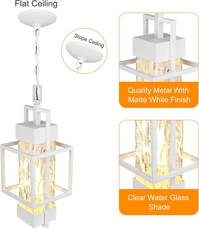 PARTPHONER 15" Outdoor Indoor Pendant Light Exterior Hanging Lantern, Modern Metal Outside Chandelier Light Fixture Ceiling Mount with Water Glass for Front Porch Entrance Foyer Entryway, White - Image 2